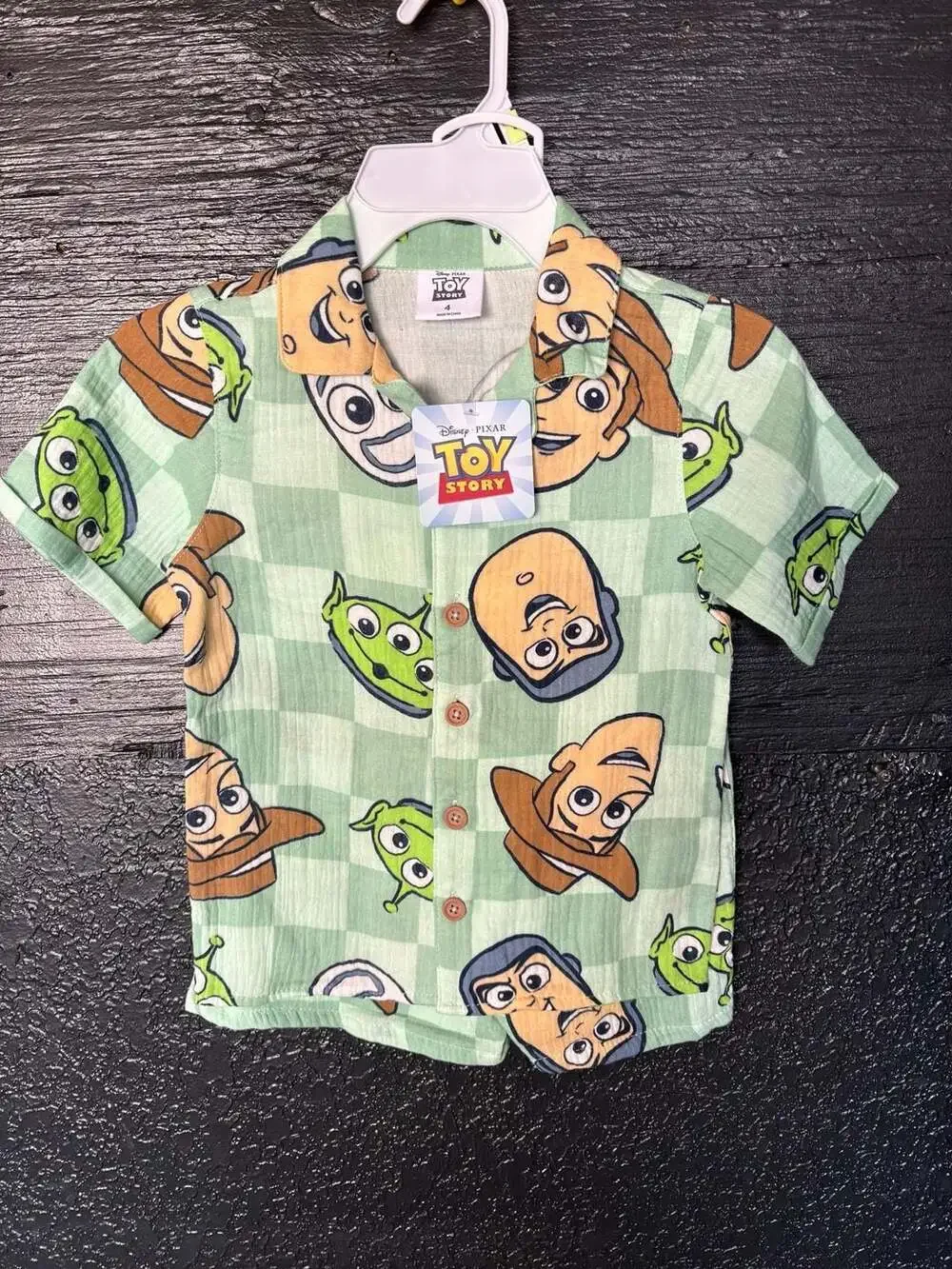 Toy Story Button Up Shirt and Shorts Size 4 Sage Green